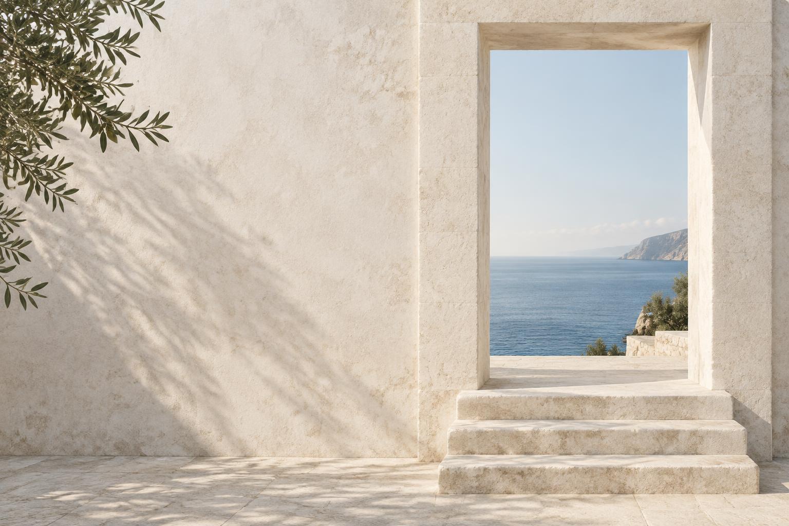 Sunlit stone steps opening onto a calm sea